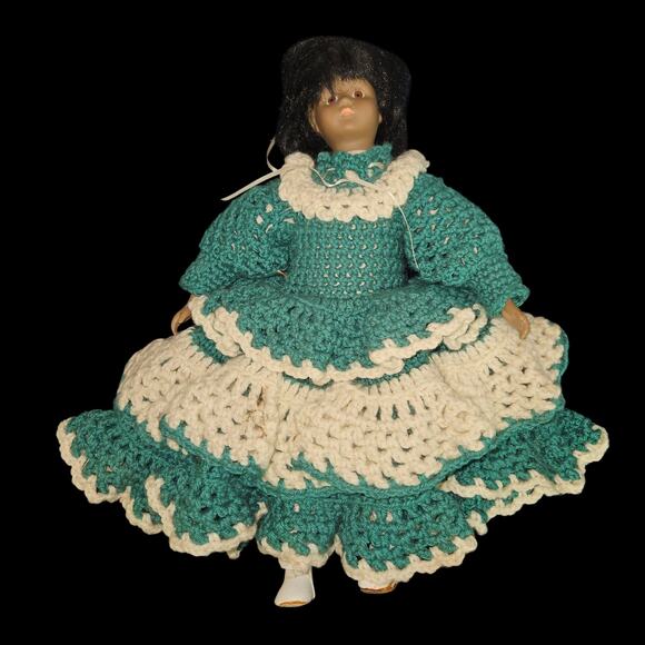 Wang’s International 1991 Porcelain Doll in Handmade Green & Cream Crochet Dress - Picture 1 of 8